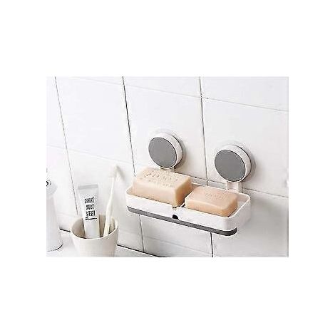 Mobilier et décoration de salle de bainPorte-savon et porte-shampoing auto-adhésif sans trous, en plastique résistant avec bonde intégrée, blanc/gris (1/3)