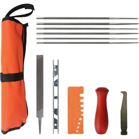Kettensägen-Schärfset mit 6 Rundfeilen, 6-Zoll-Flachfeile, Tiefenmesser, Holzgriff, Feilenführung, Werkzeugtasche (12-teiliges Set)