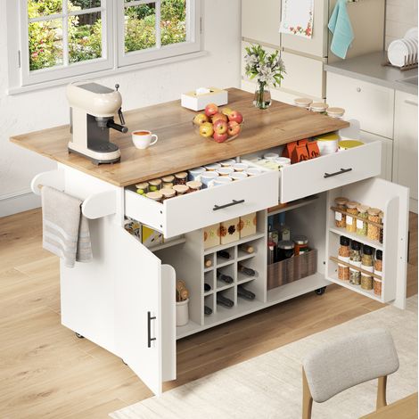 MODFU – Isla de cocina 120x45x84 cm con bandeja abatible, 2 cajones, botellero y ruedas, estructura de madera blanca (1/5)