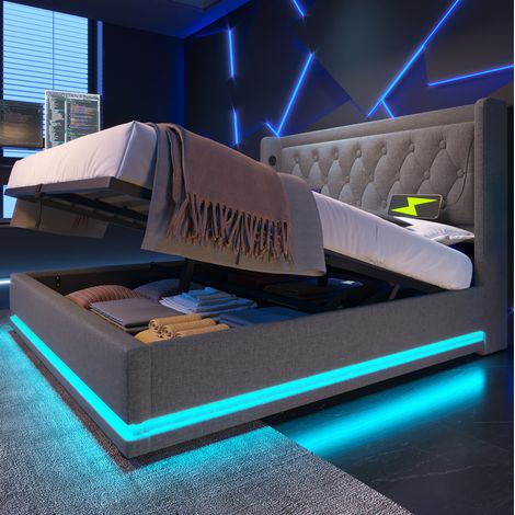 Bett Polsterbett 140x200 cm grau Baumwolle, Kopfteil mit USB-C, hydraulischem Stauraum, 3-seitiger LED und Matratze (1/5)