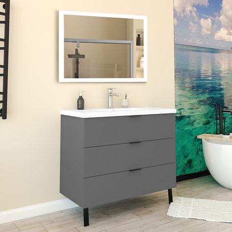 Mobile Bagno Appoggio 99 cm con 3 Cassetti, Lavabo da Incasso Nero (1/5)