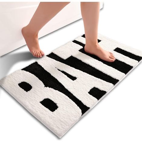 Tapis de salle de bain noir et blanc, lettres de bain antidérapantes, tapis de bain doux et absorbant, tapis de bain confortable lavable en machine à séchage rapide pour baignoire, chambre, dou (1/5)