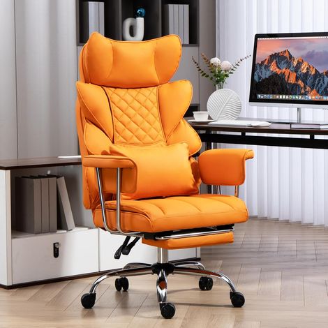 Bürostuhl mit Fußstütze - Ergonomischer Gaming- und Chefsessel mit 360°-Drehfunktion, verstellbarer Rückenlehne von 90° bis 135° und weichen Armlehnen für maximalen Komfort (Orange)