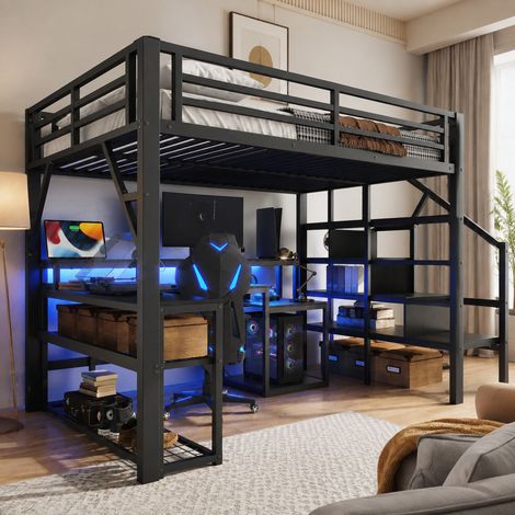 Letto a soppalco 140x200 cm in metallo e MDF con scrivania LED USB e scale contenitore (1/5)