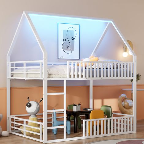 Letto a soppalco 140x200 cm bianco in metallo con struttura a casetta, barriera di sicurezza e LED (1/5)