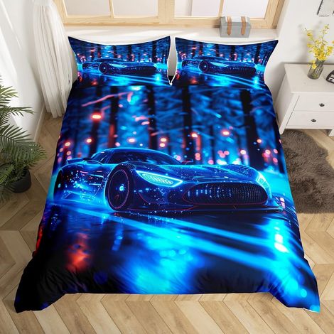 Parure de Lit Voiture 2 Personnes Sets de Housses de Couettes Voiture de Course de Vitesse, Housse de Couette 220x240 Jeux de Sports Extrêmes, Couvre Lit Thème de Course Noir Bleu Néon (1/5)