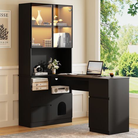Eckschreibtisch 120x80x180 cm MDF Schwarz mit LED-Vitrine, 7 Farben – MEUBLIV (1/5)