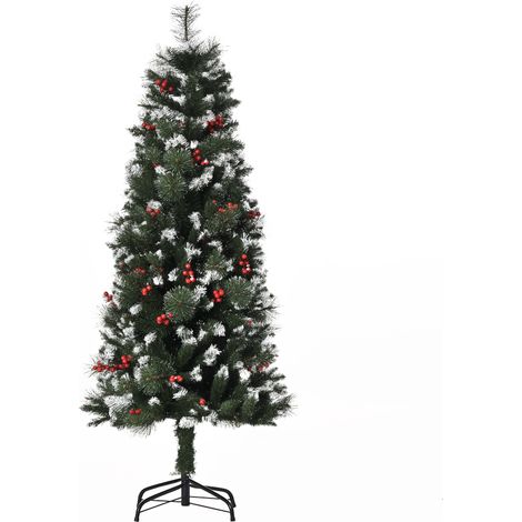 Sapin enneigé 150 cm vert avec 360 branches et 38 baies pour décoration intérieure, sapin design sobre pour fêtes pratique et hivernal