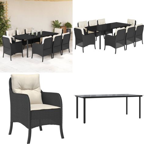 Set da Pranzo da Giardino 9 pz con Cuscini Nero in Polyrattan - Tavolo da giardino - Sedie da giardino