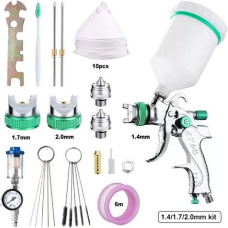 1 kit de pistolets HVLP vert 2008 avec buses de 1,4, 1,7 et 2 mm et un godet de 600 cc, pour peinture automobile, apprêts et revêtements. (1/5)