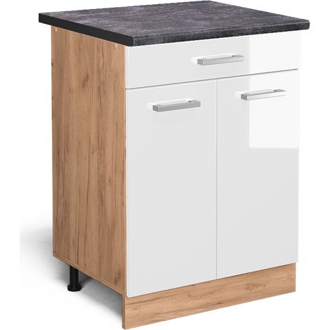 Mobiletto base per cucina R-Line, Bianco lucido, 60 cm con cassetto, PL Antracite, Vicco
