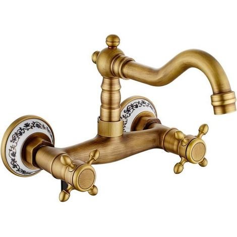 Rubinetto da cucina a parete in stile retrò, colore bronzo, rotazione a 360°, doppio comando. (1/4)