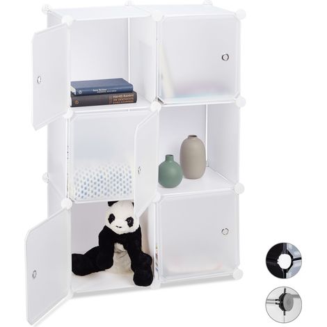 Relaxdays estantería modular 6 puertas DIY, cubos, tiradores, separador de ambientes, baño, plástico 98x66x32 cm, blanco