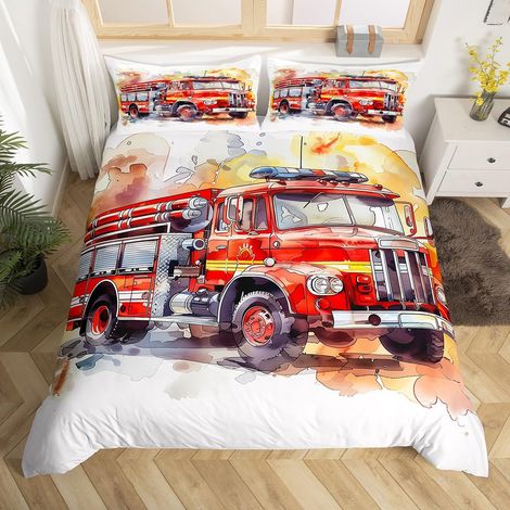 Housse de Couette 200x200 Enfant Voiture de Pompier, Parure de Lit Enfant Ado Garçon Camion de Pompiers Rouge, Sets de Housses de Couettes Véhicule Camion, Couvre Lit Microfibre (1/5)