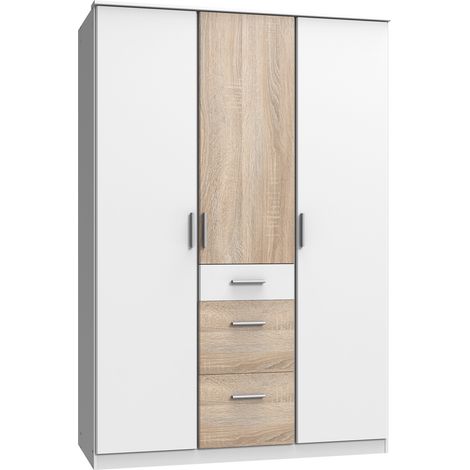 Armoire Placard, meuble de rangement Blanc, rechampis imitation chêne - Longueur 135 x Hauteur 199 x Profondeur 58 cm -PEGANE- (1/2)