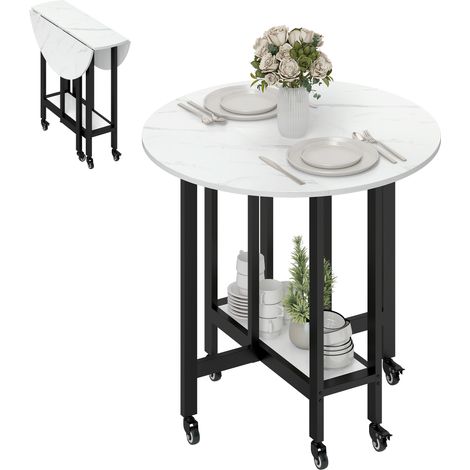 HOMCOM Folding Dining Table, Drop Leaf Table with Open Shelf, White Marble