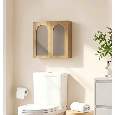 Armoire murale de salle de bain bohème avec 2 portes effet rotin à fermeture douce et étagère réglable, chêne (1/5)