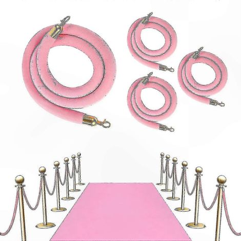 Lot de 4 poteaux en velours rose de 1,95 m avec crochets dorés pour la gestion des foules et la création de barrières de file d'attente (1/5)