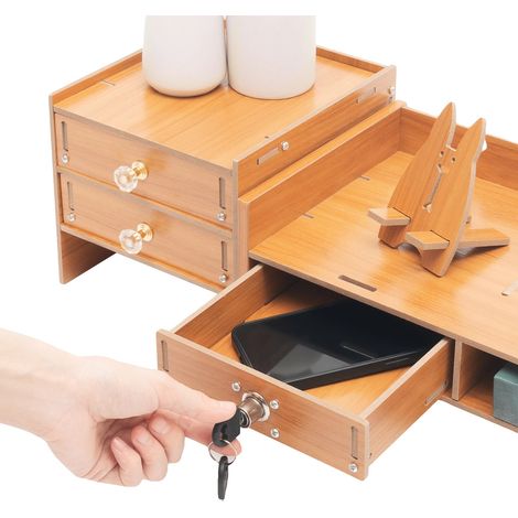 Supporto per monitor, struttura in MDF, dimensioni: 482013,5 cm, lunghezza totale: 65,5 cm, capacità di carico: 5 kg, capacità di stoccaggio: 3 cassetti (1/5)