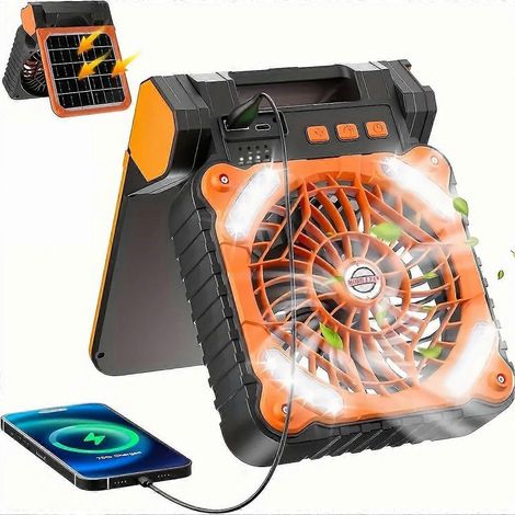 Ventilateur solaire pour le camping, avec lumière, batterie 10400 mAh, pour tentes, maison et extérieur (1/5)
