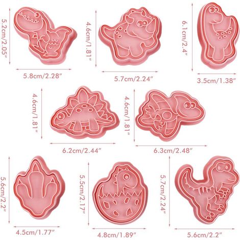 Lot de 8 emporte-pièces 3D pour biscuits, motifs dinosaure, fruits et légumes, moules à biscuits d'anniversaire, tampons à biscuits à pression manuelle