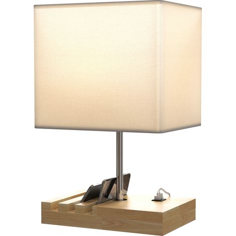 Lampe de chevet, ports USB, bois, tissu, interrupteur à bascule, compartiments de rangement, blanc