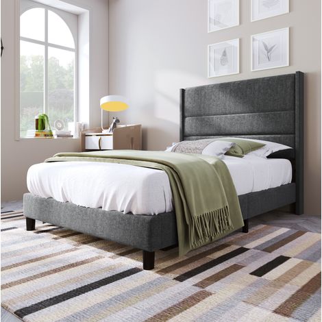 Cama tapizada 209x96x111 cm, con cabecero acolchado, somier de láminas, colchón de 7 zonas, lino gris (1/5)