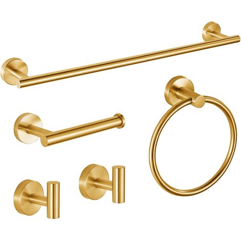 Lot de 5 Accessoires de salle de bain, Barre porte-serviettes 60cm, Anneau, Support papier, Crochets muraux (1/5)