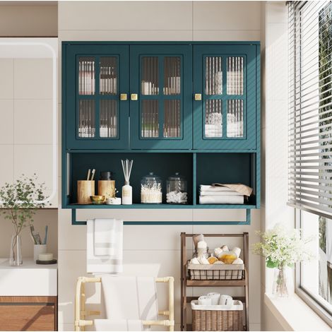 Armadietto bagno pensile in MDF verde scuro con 3 ante, vetro temperato scanalato, vano aperto e portasciugamani (1/5)