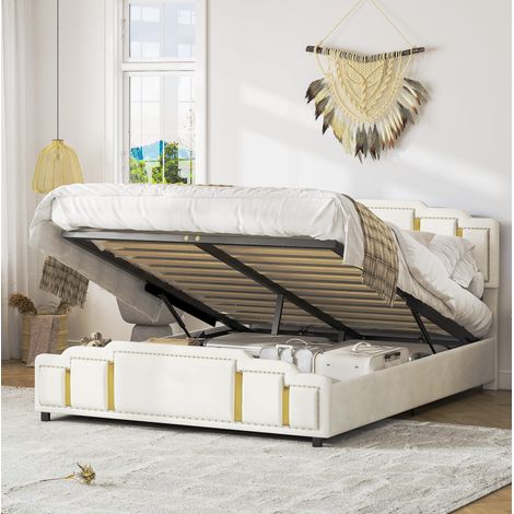 Cama con almacenaje 140x200 cm beige en terciopelo con elevación hidráulica y LED (1/5)