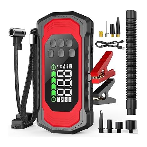 Démarreur Batterie Gonfleur Pompe à Vide Batterie Externe Compresseur Lampe de Secours Feu Clignotant SOS Pompe à air san Fil USB-C - pour Diesel et Tous Essence (1/5)