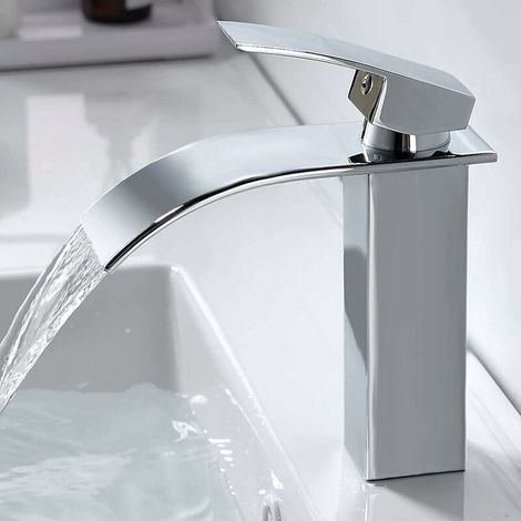 Robinet Cascade - Robinet Lavabo En Laiton Massif - Finition Chromé - Sortie Eau Cascade - Raccord G 3/8 - Hauteur Totale 180 mm - 1 Pièce (1/5)