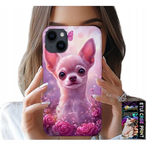 Cover per iPhone 15 - un simpatico chihuahua su sfondo rosa con fiori (1/5)
