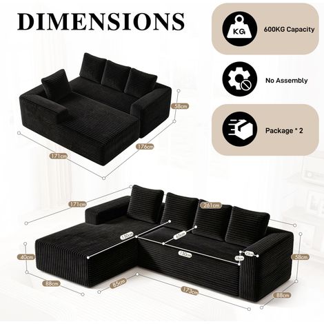 Modulares L-Sofa 261×168×58 cm aus schwarzem Stoff, ohne Montage – MEUBLIV (1/5)