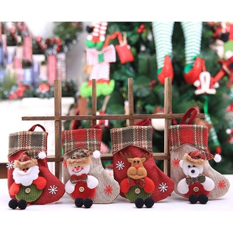 Chaussette de Noël, lot de 4, motif Père Noël, bonhomme de neige, renne et ours, décorations de Noël, bonbons (1/3)