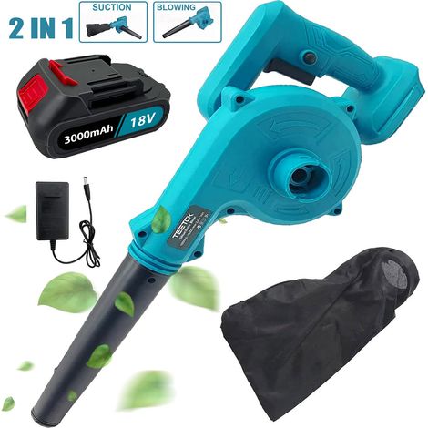 Soffiatori e aspiratori per foglie senza fili, Soffiatori da giardino 2in1 per la pulizia di neve/patio/giardino/garage + batteria da 1x 3000 mAh + caricabatterie, compatibile con la batteria MaKita