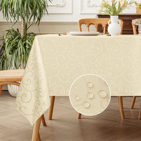 Nappe Beige Rectangulaire 150x350 cm Blanche Jacquard Anti Tache, Lavable Décoration de Table pour Printemps, Pâques, Extérieurs, Jardin, Anniversaires, Mariage, Fête, Buffet (1/5)