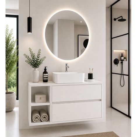 Mobile bagno con top in legno e lavabo da appoggio ORIGENBATH ZEUS senza specchio 70x45 cm Sinistra bianco nordico (1/5)