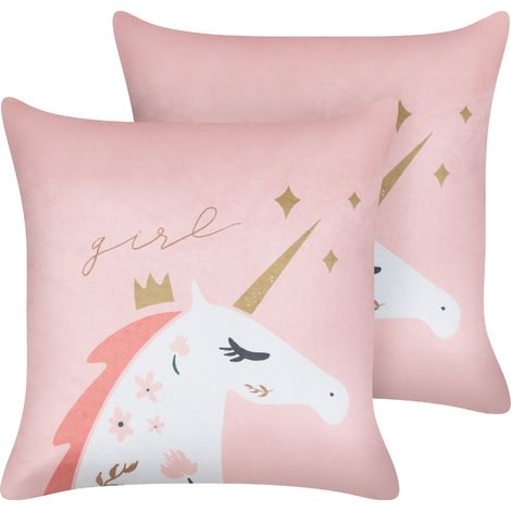 Conjunto de 2 cojines infantiles de terciopelo motivo unicornio 45 x 45 cm fundas extraíbles con relleno rosa Uniola