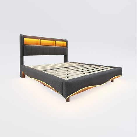 Cama tapizada suspendida 140x200 cm gris de lino, LED, USB-C, almacenamiento en cabecero (1/5)
