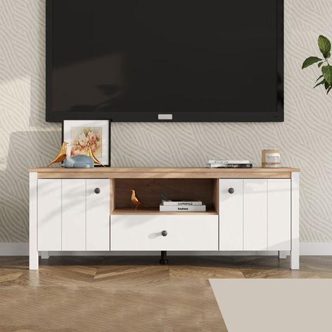 Fernsehtisch Sampe, eine Schublade, 2 Fächer, 2 Türen, 143x40x53h cm, Weiß Matt (1/5)