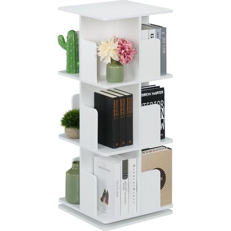 Relaxdays Bücherregal, 360 Grad drehbar, 3 Ebenen, Bücher, CDs, Deko, HBT: 95x39x39 cm, Wohnzimmer Drehregal, weiß