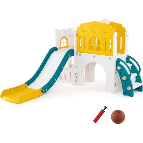 GOPLUS 9 en 1 Toboggan Enfant Bebe HDPE avec Panier de Basket-Ball, Allée, Tunnel et Espace de Stockage, Aire de Jeux Maison Cabane Interieur Exterieur Enfants 1+ Ans,Charge 30KG (Jaune) (1/5)