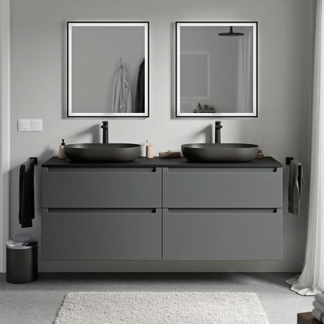 BERNSTEIN - Mobile lavabo sospeso MDF antracite opaco, piano lavabo nero opaco, cassetti girevoli - 160x46x62cm - VIREO	Antracite opaco, Nero opaco