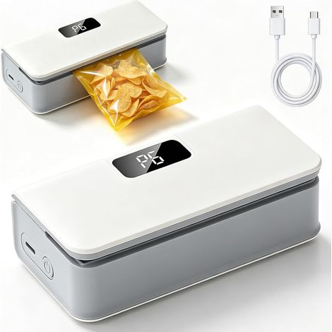 Mini-scelleuse de sachets, scelleuse thermique et cutter portable avec 6 réglages, rechargeable et dotée d'un indicateur LED, idéale pour les sachets de chips et d'encas (Blanc) (1/4)