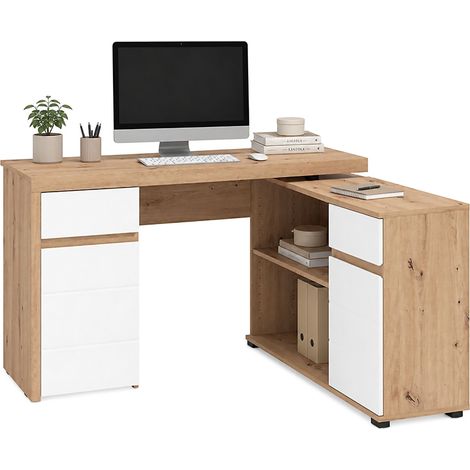 Schreibtisch Piran, Eckdesign, 2 Schubladen, 5 Regale, 140x124x77h cm, Eiche Braun