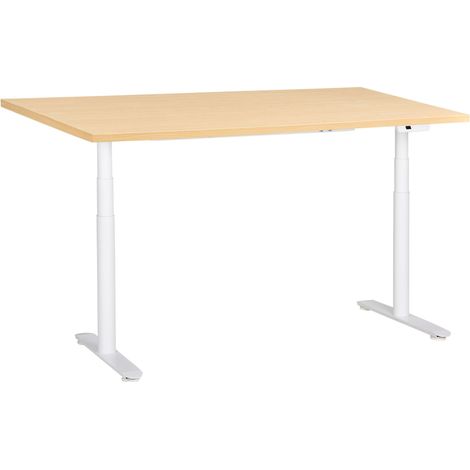 Bureau Électrique Hauteur Réglable Design Moderne Pieds Ronds 160 x 72 cm Plateau Marron Clair et Cadre Acier Blanc DESTINAS