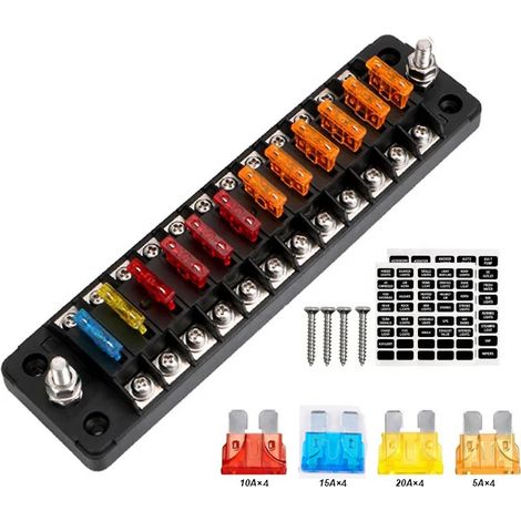 Independent fuse box for new cars, with 1 input fuse holder and 12 output fuse holders, for screw mounting.