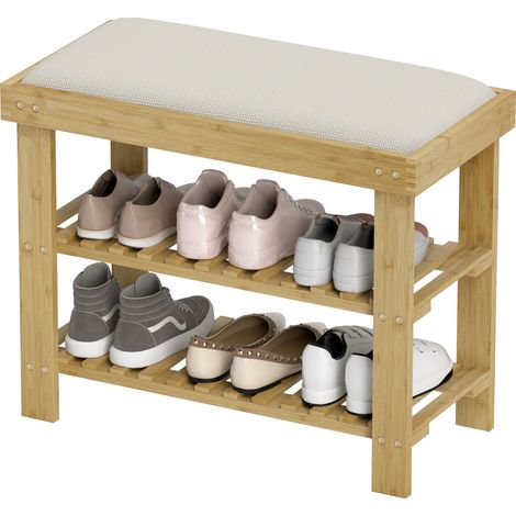 Banquette chaussures bambou avec rangement 2 compartiments 60x29x49 cm blanc crème
