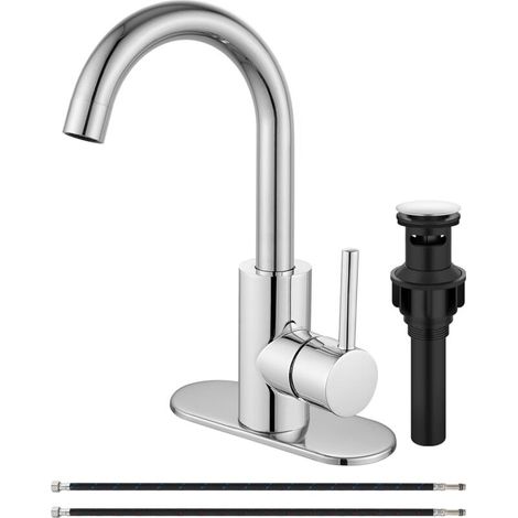Robinet de lavabo de salle de bain en laiton poli avec trop-plein - Poignée unique - Robinet mélangeur en laiton - Avec bonde de vidage et plaque de protection (1/4)